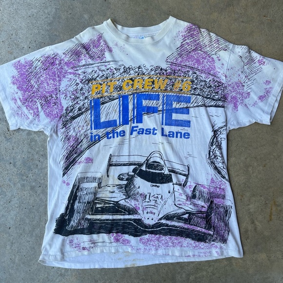 1990’s Vintage Hanes Beefy T “Life In The Fast Lane” All Over NASCAR Print - Picture 1 of 7